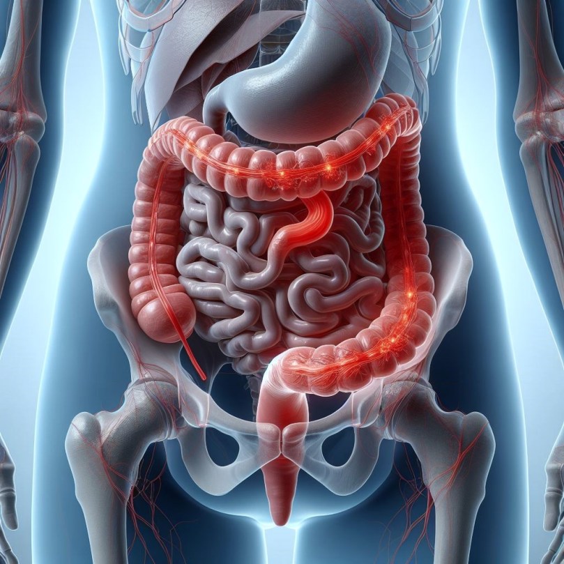 A person's gastrointestinal components shown in the body with the colon highlighted in red